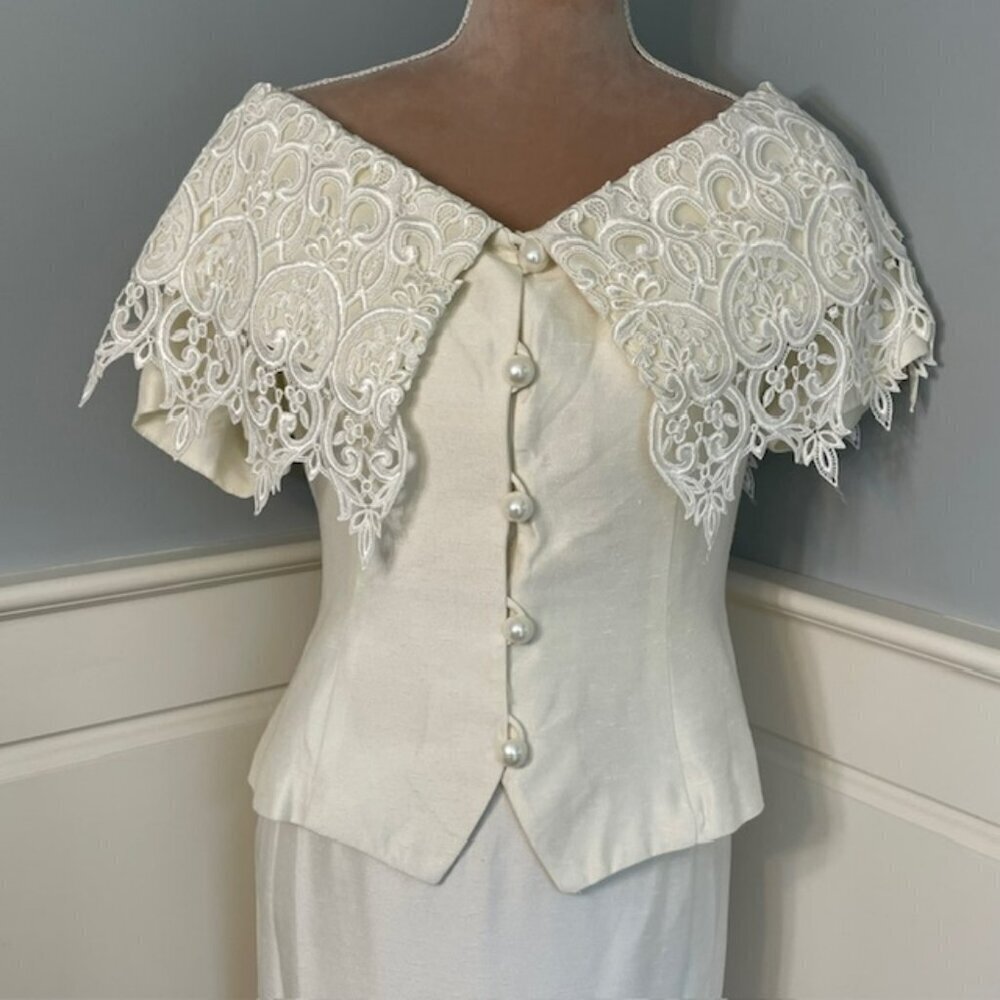 Jessica McClintock Vintage 90’s Ivory Lace Pearl Skirt Suit Bridal Shower Medium - Picture 2 of 10